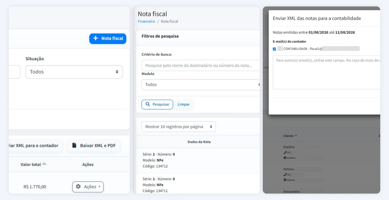 Telas do Gladium: listagem de notas fiscais emitidas com filtros de pesquisa e a janela de envio dos XMLs para o e-mail da contabilidade.
