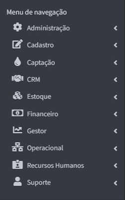 Menu de navegação do Gladium com os módulos Administração, Cadastro, Captação, CRM, Estoque, Financeiro, Gestor, Operacional, Recursos Humanos e Suporte.